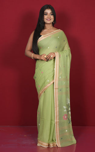 Hand Woven Cotton Dhakai Jamdani Saree in Pastel Green, Sand, Beige and Multicolored Thread Work