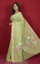 Hand Woven Cotton Dhakai Jamdani Saree in Pastel Green, Sand, Beige and Multicolored Thread Work