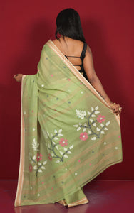 Hand Woven Cotton Dhakai Jamdani Saree in Pastel Green, Sand, Beige and Multicolored Thread Work