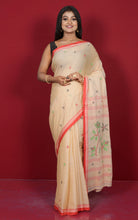 Hand Woven Cotton Jamdani Saree in Parmesan, Off White, Red and Multicolored Thread Work