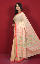 Hand Woven Cotton Jamdani Saree in Parmesan, Off White, Red and Multicolored Thread Work