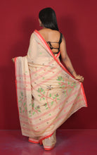 Hand Woven Cotton Jamdani Saree in Parmesan, Off White, Red and Multicolored Thread Work