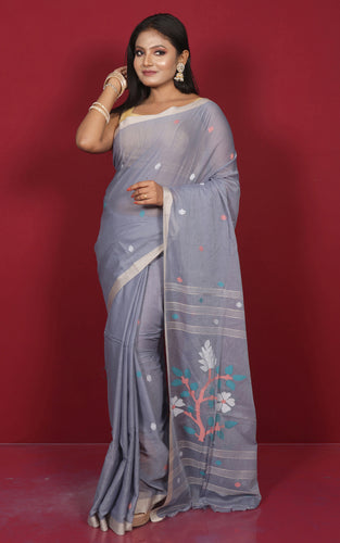 Hand Woven Cotton Jamdani Saree in Slate Grey, Ecru and Multicolored Thread Work