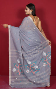 Hand Woven Cotton Jamdani Saree in Slate Grey, Ecru and Multicolored Thread Work