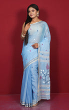 Hand Woven Cotton Jamdani Saree in Powder Blue, Ecru and Multicolored Thread Work