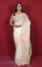 Hand Karat Needle Woven Work Pure Cotton Bengal Jamdani Saree Off White, Beige and Multicolored