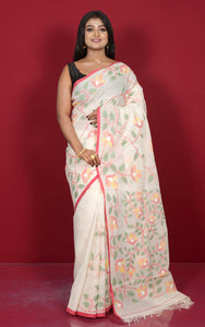 Hand Woven Jangla Jaal Work Cotton Dhakai Jamdani Saree in Off White and Multicolored Thread Work