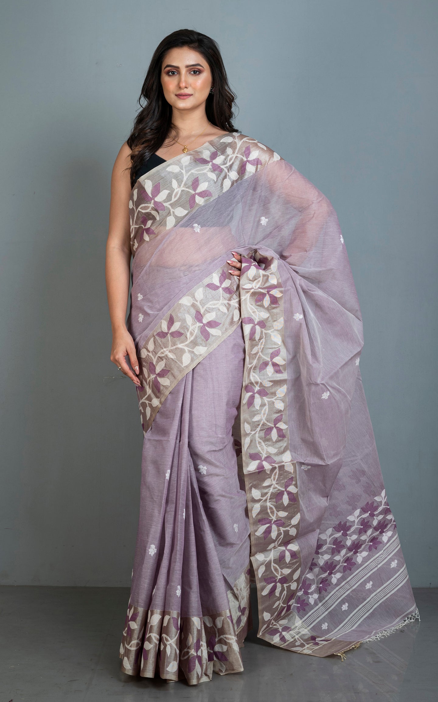 Tussar Silk Hand Woven Lotus Nakshi Border Cotton Dhakai Jamdani Saree in Lilac, Off White and Golden Beige