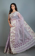 Tussar Silk Hand Woven Lotus Nakshi Border Cotton Dhakai Jamdani Saree in Lilac, Off White and Golden Beige