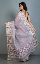 Tussar Silk Hand Woven Lotus Nakshi Border Cotton Dhakai Jamdani Saree in Lilac, Off White and Golden Beige