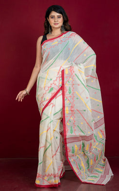 Traditional Handwoven Allover Needle Karat Work Cotton Dhakai Jamdani Saree in Off White, Red, Green and Yellow Thread Work 