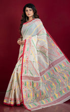 Traditional Handwoven Allover Needle Karat Work Cotton Dhakai Jamdani Saree in Off White, Red, Green and Yellow Thread Work 