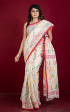 Traditional Handwoven Allover Needle Karat Work Cotton Dhakai Jamdani Saree in Off White, Red, Green and Yellow Thread Work 