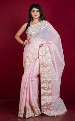 Tussar Silk Hand Woven Lotus Nakshi Border Cotton Dhakai Jamdani Saree in Baby Pink, Off White and Golden Beige