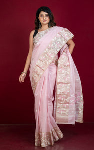 Tussar Silk Hand Woven Lotus Nakshi Border Cotton Dhakai Jamdani Saree in Baby Pink, Off White and Golden Beige