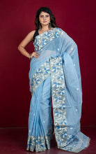 Tussar Silk Hand Woven Lotus Nakshi Border Cotton Dhakai Jamdani Saree in Blue, Off White and Golden Beige