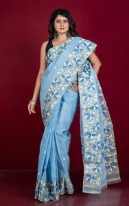 Tussar Silk Hand Woven Lotus Nakshi Border Cotton Dhakai Jamdani Saree in Blue, Off White and Golden Beige