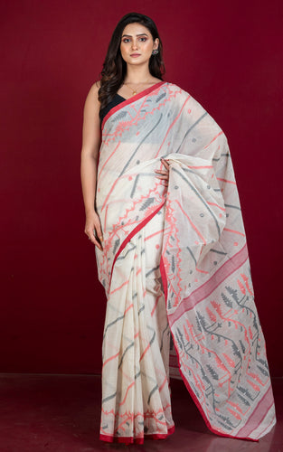 Traditional Handwoven Allover Needle Karat Work Cotton Dhakai Jamdani Saree in Off White, Red and Black Thread Work