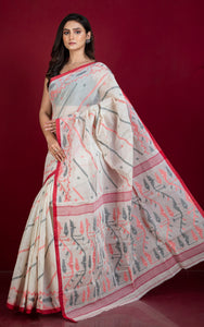 Traditional Handwoven Allover Needle Karat Work Cotton Dhakai Jamdani Saree in Off White, Red and Black Thread Work