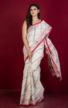 Traditional Handwoven Allover Needle Karat Work Cotton Dhakai Jamdani Saree in Off White, Red and Black Thread Work