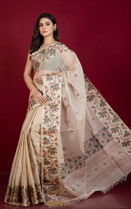 Tussar Silk Hand Woven Lotus Nakshi Border Cotton Dhakai Jamdani Saree in Warm Beige, Black, Maroon and Golden Beige