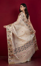 Tussar Silk Hand Woven Lotus Nakshi Border Cotton Dhakai Jamdani Saree in Warm Beige, Black, Maroon and Golden Beige