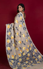 Bengal's Pride Premium Hand Woven Jangla Jaal Work Cotton Dhakai Jamdani Saree in Light Khaki, Dual Tone Yellow, Amber and Black Thread Work