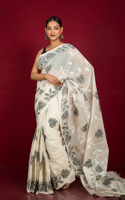 Bengal's Pride Premium Hand Woven Jangla Jaal Work Cotton Dhakai Jamdani Saree in Off White and Black Thread Work