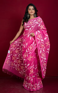 Bengal's Pride Premium Hand Woven Jangla Jaal Work Cotton Dhakai Jamdani Saree in Persian Pink, Beige and Off White Thread Work