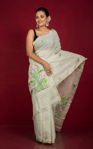 Premium Quality Hand Work Cotton Dhakai Jamdani Saree in Ash and Multicolored Thread Work