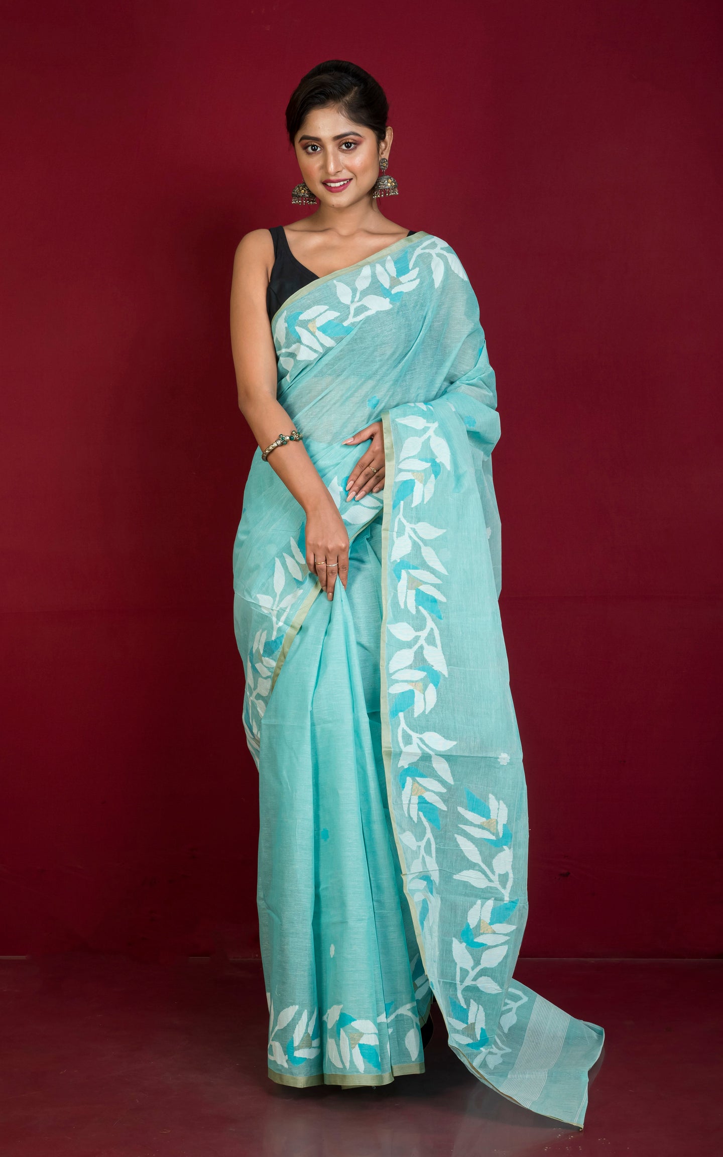 Premium Quality Hand Work Cotton Dhakai Jamdani Saree in Light Turquoise, Sky Blue, Off White and Gold