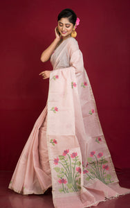 Premium Quality Hand Work Cotton Dhakai Jamdani Saree in Lemonade Pink and Multicolored Thread Work