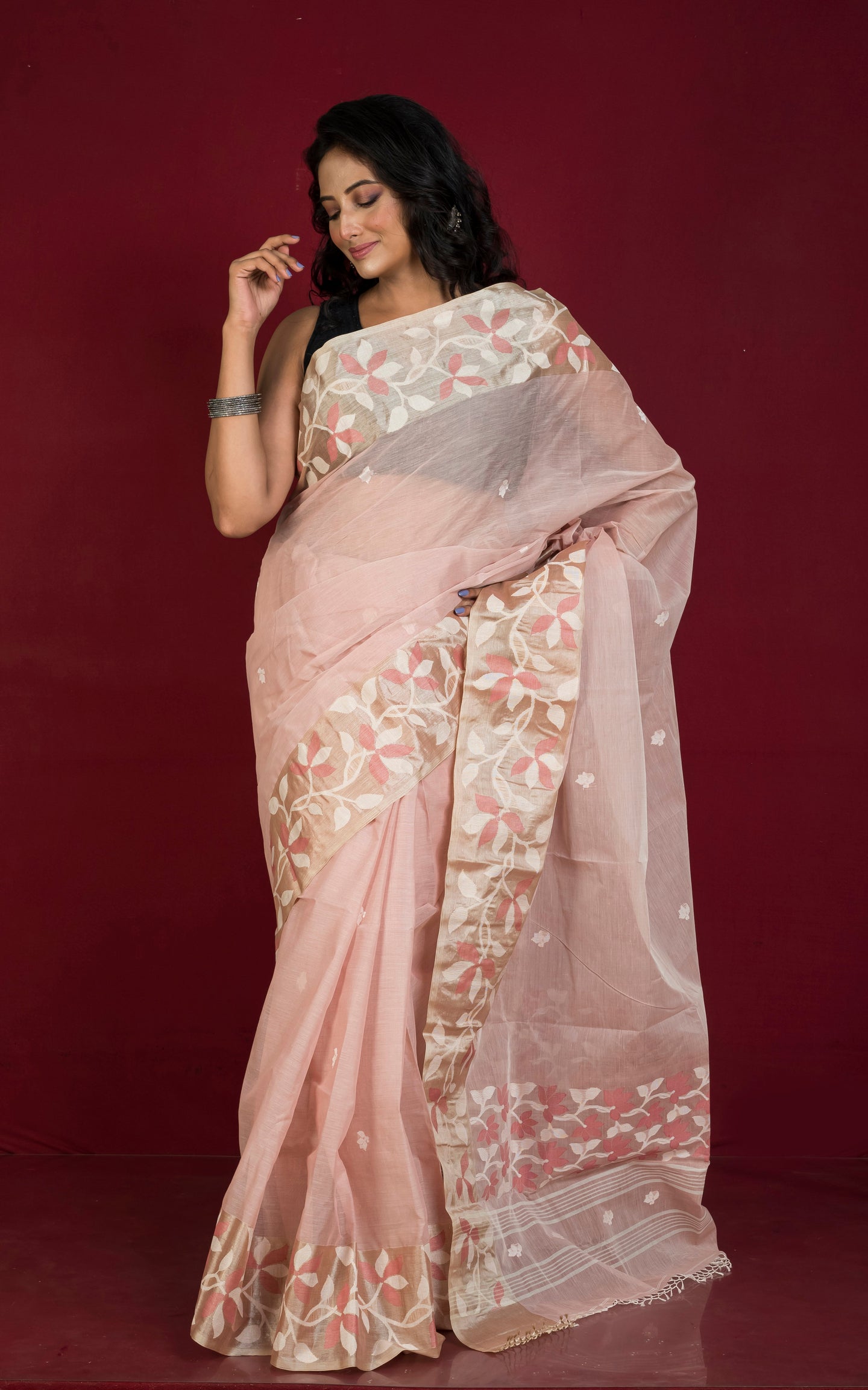 Tussar Silk Hand Woven Lotus Nakshi Border Cotton Dhakai Jamdani Saree in Thulian Pink, Off White and Golden Beige