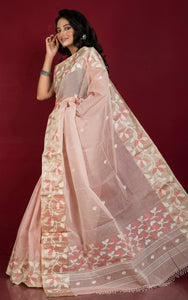 Tussar Silk Hand Woven Lotus Nakshi Border Cotton Dhakai Jamdani Saree in Thulian Pink, Off White and Golden Beige