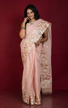 Tussar Silk Hand Woven Lotus Nakshi Border Cotton Dhakai Jamdani Saree in Thulian Pink, Off White and Golden Beige