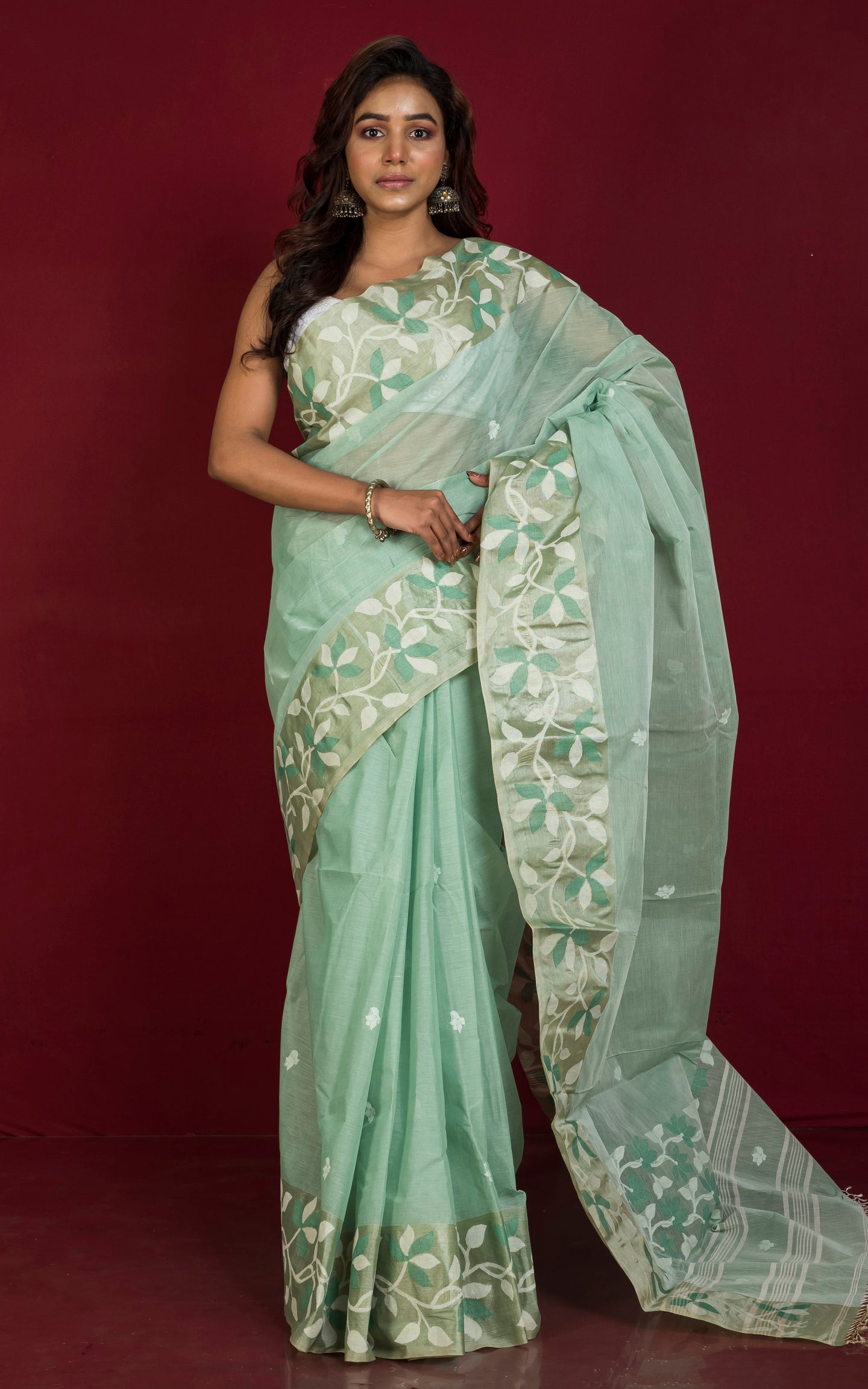 Tussar Silk Hand Woven Lotus Nakshi Border Cotton Dhakai Jamdani Saree in Sea green, Off White and Golden Beige