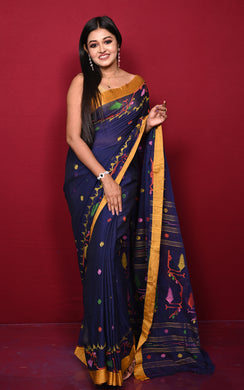 Hand Karat Needle Woven Work Pure Cotton Bengal Jamdani Saree Bleached Cedar, Rich Gold and Multicolored