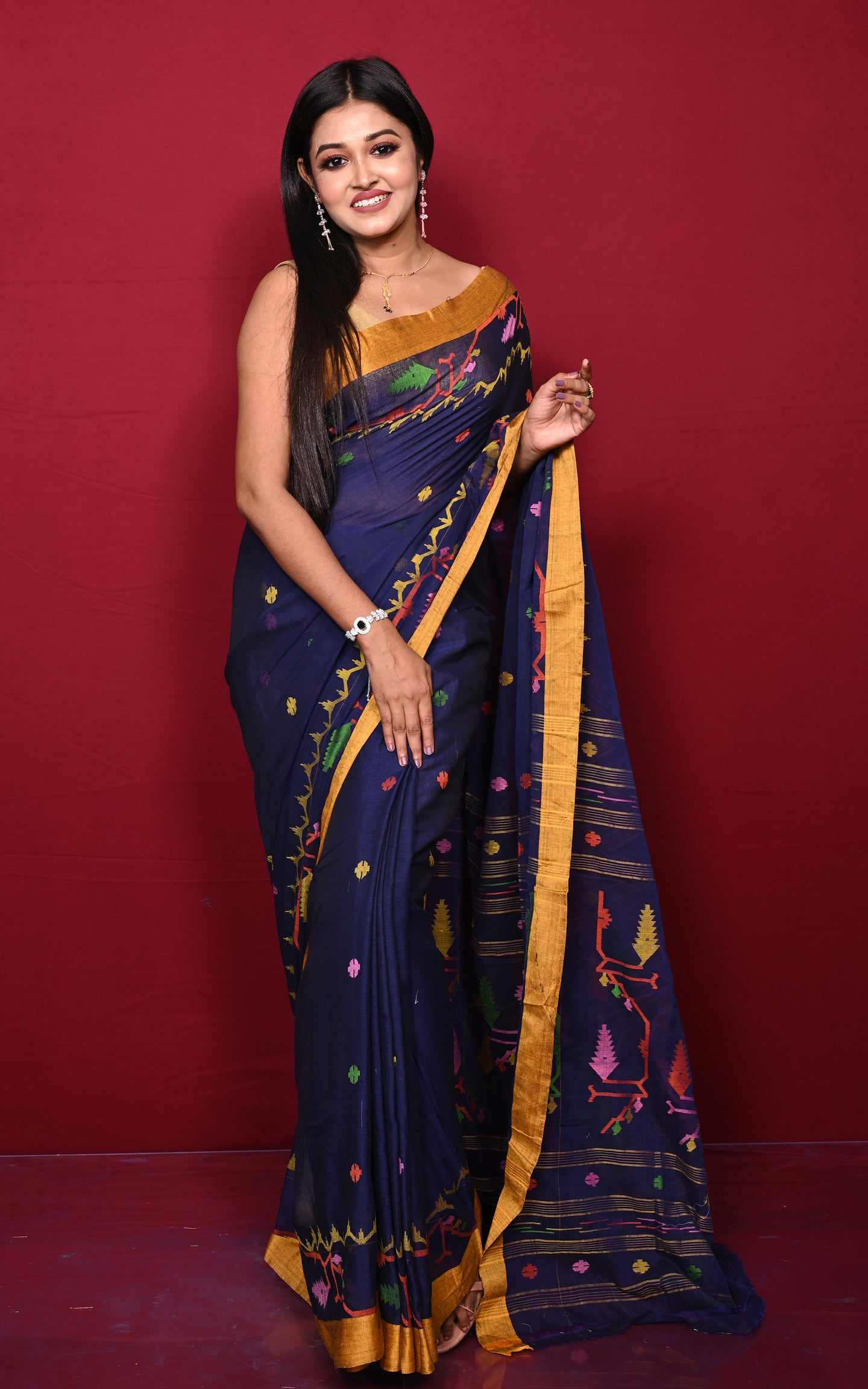 Hand Karat Needle Woven Work Pure Cotton Bengal Jamdani Saree Bleached Cedar, Rich Gold and Multicolored