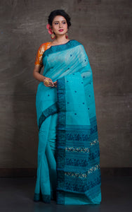 Bengal Handloom Cotton Baluchari Saree in Sea Green, Midnight Blue and Beige