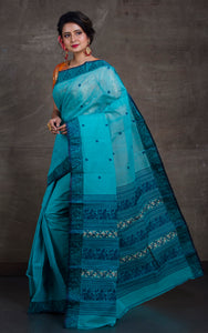 Bengal Handloom Cotton Baluchari Saree in Sea Green, Midnight Blue and Beige