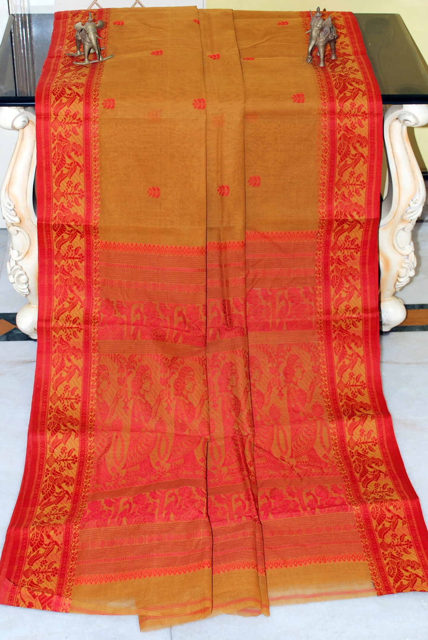 Bengal Handloom Cotton Baluchari Saree in Copper Brown and Red