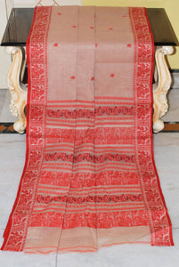 Bengal Handloom Cotton Baluchari Saree in Biscotti and Red
