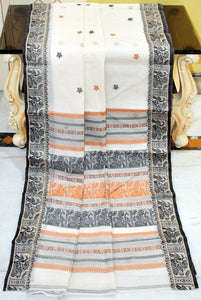 Bengal Handloom Cotton Baluchari Saree in Off White, Black and Brown