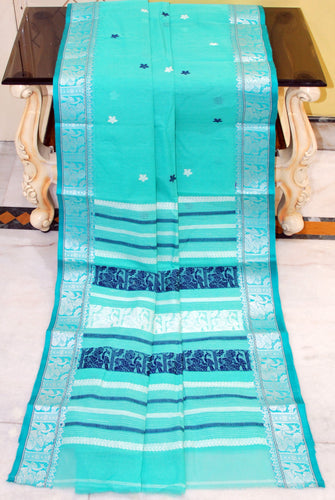 Bengal Handloom Cotton Baluchari Saree in Seagreen, Midnight Blue and Pearl White