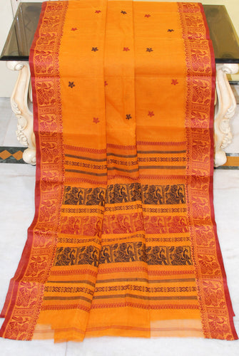 Bengal Handloom Begampuri Cotton Saree in Grey, Black and Dark Red