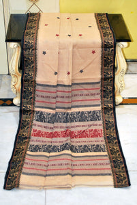 Bengal Handloom Cotton Baluchari Saree in Beige, Back and Maroon