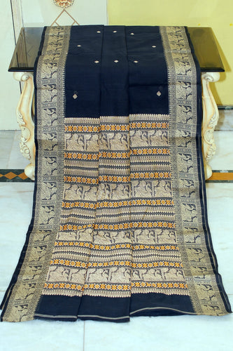 Bengal Handloom Cotton Baluchari Saree in Black, Warm Beige and Amber
