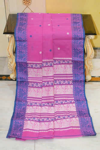 Bengal Handloom Cotton Baluchari Saree in Pink, Deep Blue and Off White