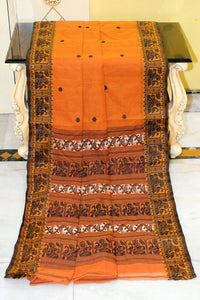 Bengal Handloom Cotton Baluchari Saree in Rust Brown, Off White and Black