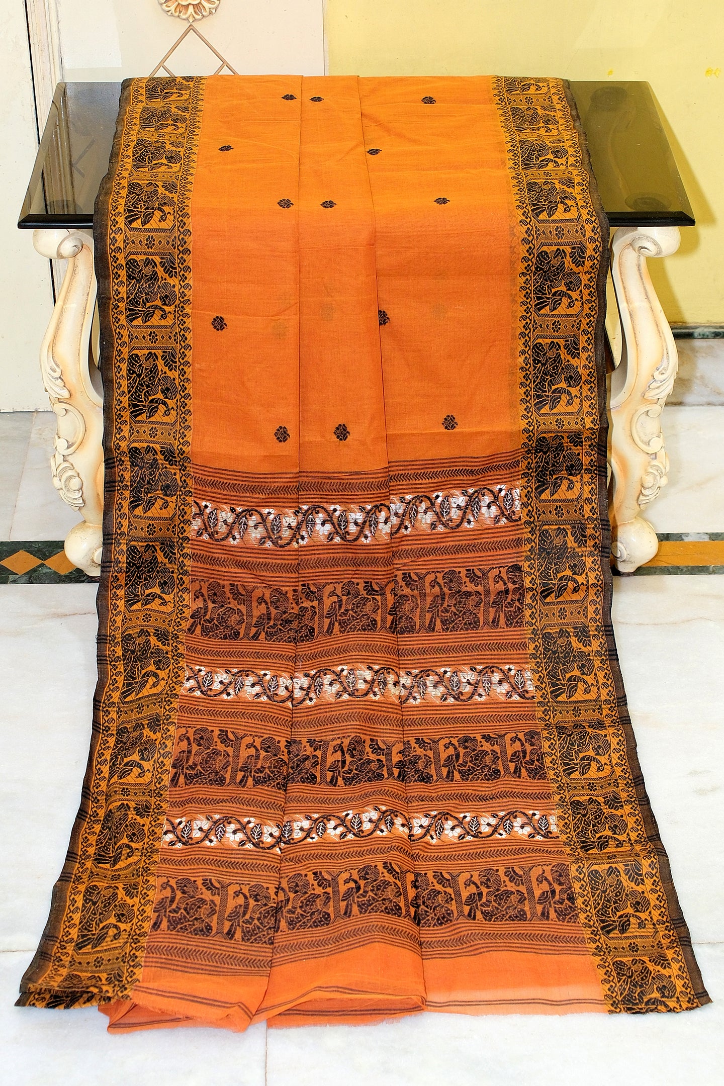 Bengal Handloom Cotton Baluchari Saree in Rust Brown, Off White and Black